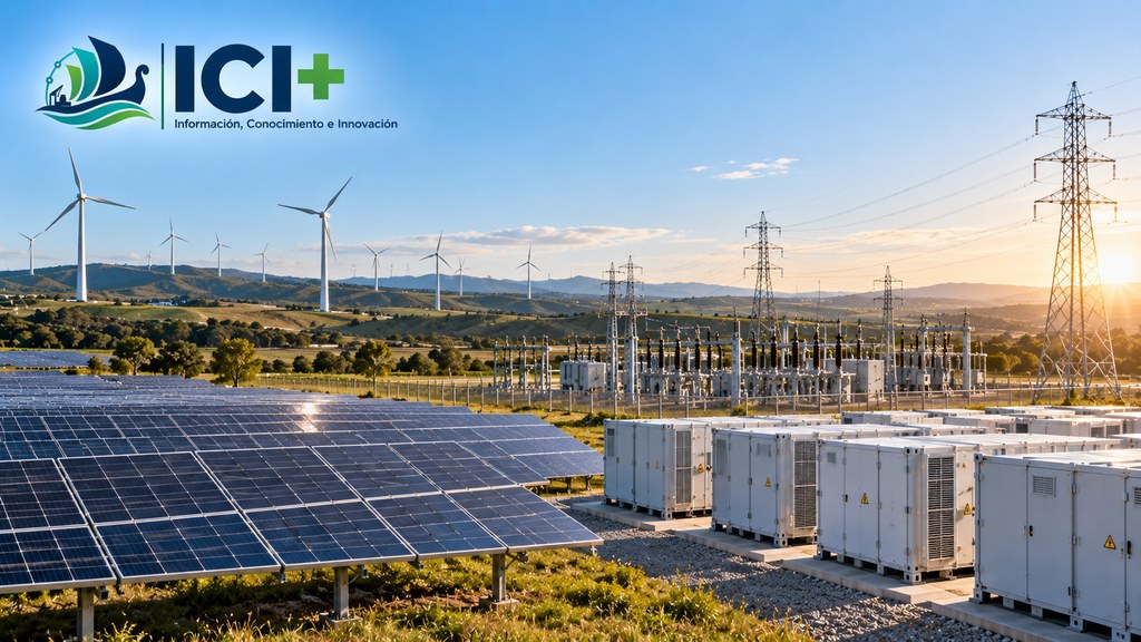 Imagen ilustrativa generada con IA que representa la nueva etapa de integración de energías renovables: generación solar y eólica, redes de transmisión, subestaciones y almacenamiento con baterías. No corresponde a una instalación real ni a una localización determinada.