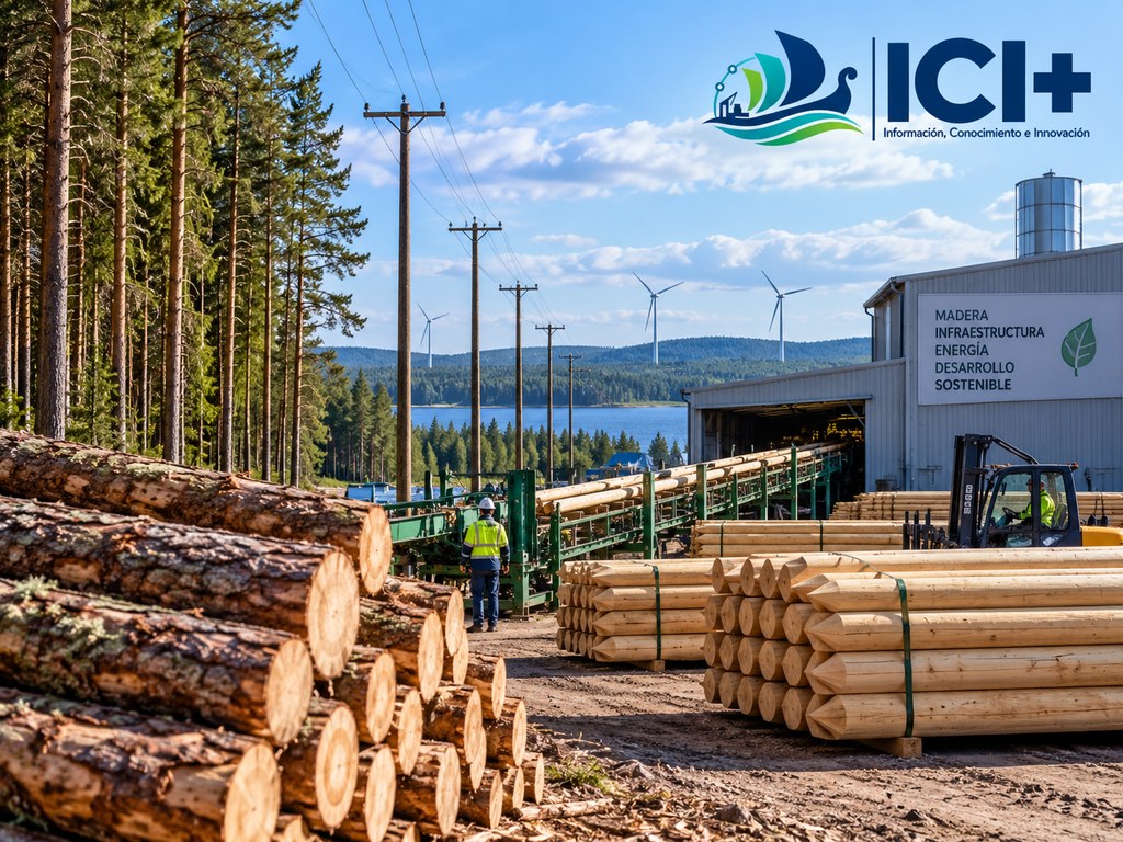 Imagen ilustrativa sobre la transformación de pino en postes de madera para infraestructura eléctrica, en un entorno inspirado en la industria forestal finlandesa. Generada con IA; no representa específicamente la planta de Scanpole en Höljäkkä. Elaboración de ICI Forestal.