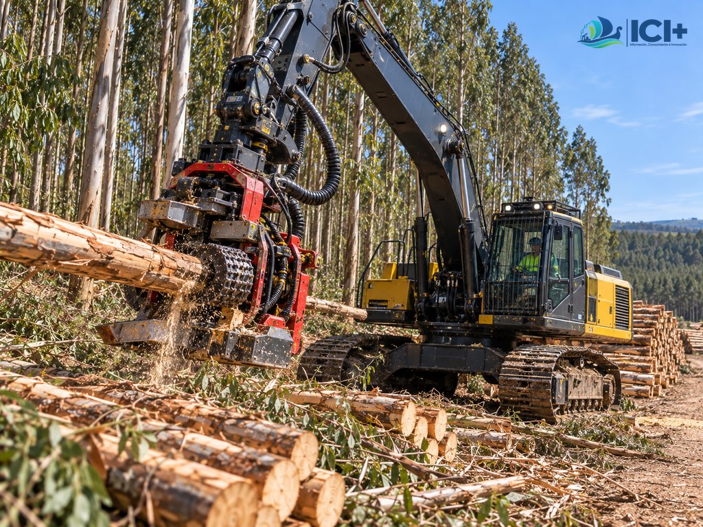 magen ilustrativa generada con IA de una máquina forestal pesada sobre orugas equipada con un cabezal de procesamiento trabajando sobre madera de eucalipto. Representa conceptualmente la configuración John Deere 350G + Waratah incorporada por LUBAYD en Uruguay.