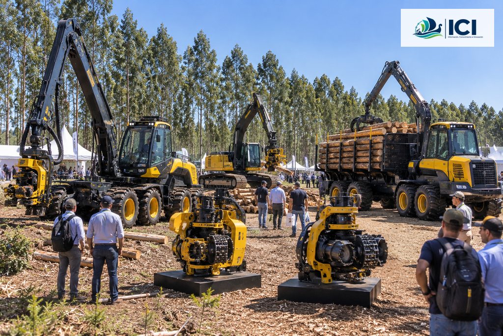 Imagen ilustrativa generada con IA de una exposición de maquinaria forestal de alta capacidad, con harvesters, un forwarder, una máquina sobre orugas y cabezales de procesamiento. Incluye el logo oficial de ICI Forestal. No corresponde a una fotografía de Expo Madera Paraguay 2026 ni reproduce los modelos Komatsu exactos exhibidos en Luque.