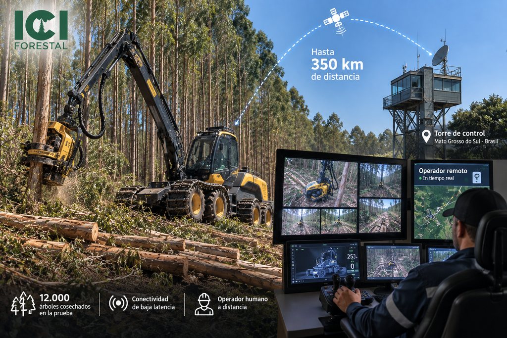 Imagen ilustrativa generada con IA sobre la teleoperación de un harvester en una plantación de eucalipto, mostrando conceptualmente la conexión entre la máquina y una estación remota de control. Incluye la identificación de ICI Forestal. No corresponde a una fotografía oficial del proyecto de Suzano, Komatsu y S4E Tech ni reproduce la torre de control o el equipo exacto utilizado en Mato Grosso do Sul.