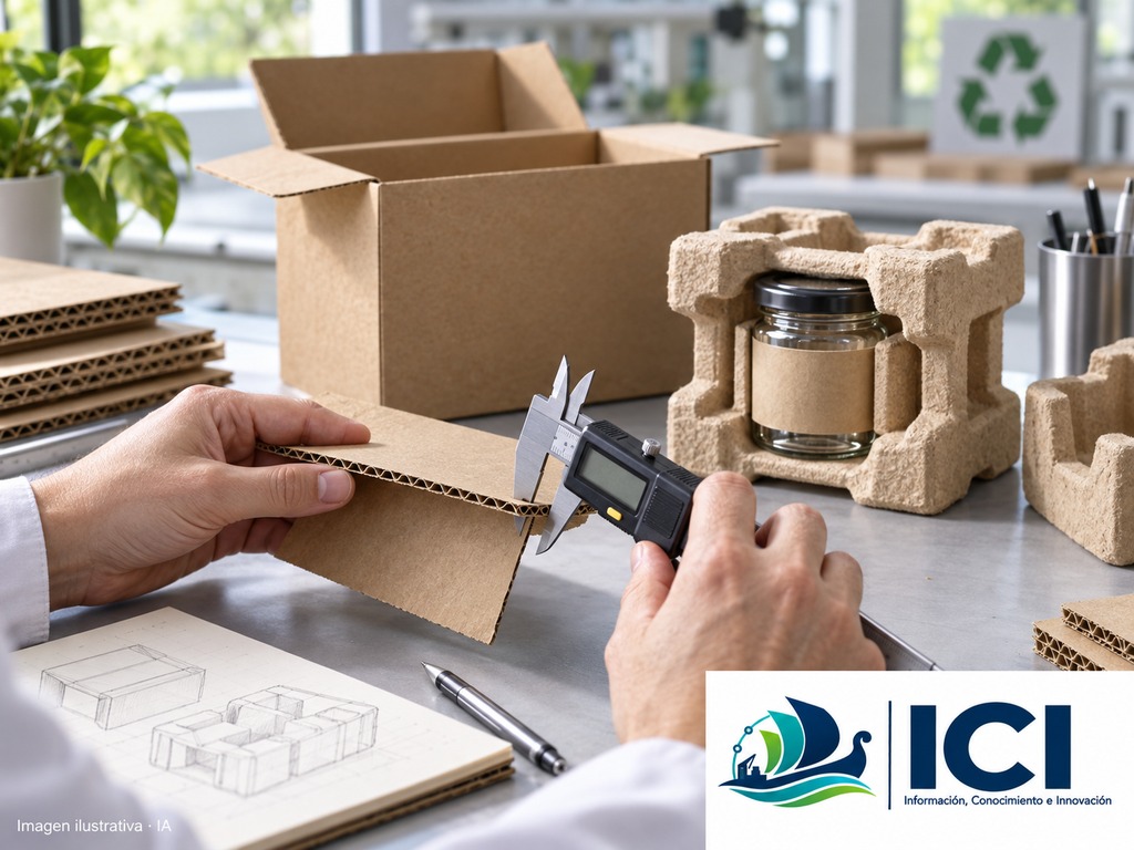 Imagen ilustrativa generada con inteligencia artificial de una mesa de desarrollo de envases, con muestras de cartón, un calibre y protecciones de fibra moldeada. Incluye la identidad visual de ICI. No representa instalaciones, ensayos ni productos específicos de Billerud.