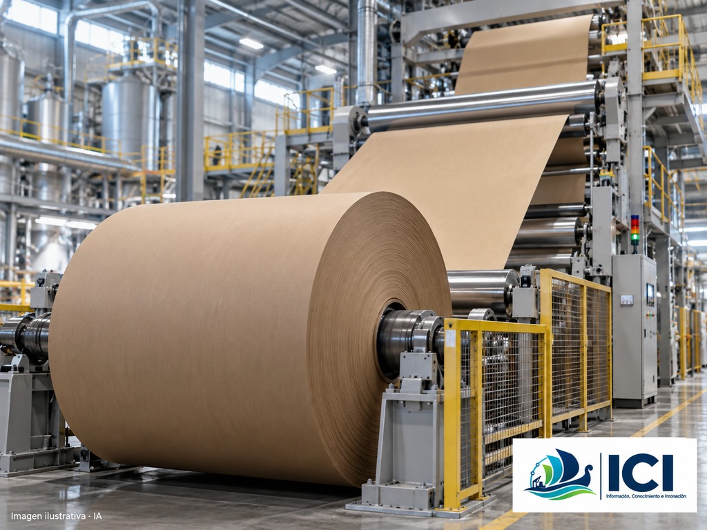 Imagen ilustrativa generada con inteligencia artificial de una línea industrial de papel para envases, con una gran bobina y equipos de producción. Incluye la identidad visual de ICI. No representa la máquina PM47 ni la planta de Yanzhou de forma exacta.