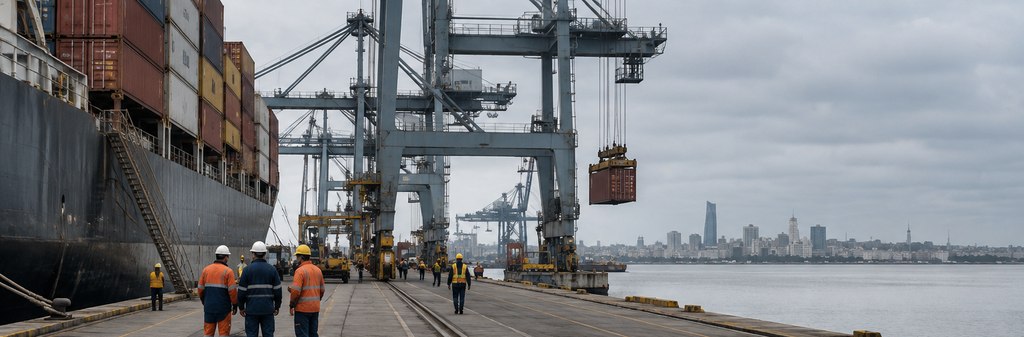 Imagen ilustrativa de trabajadores y operaciones de carga en una terminal portuaria. Representa la actividad laboral que se encuentra en el centro del conflicto entre TCP y el sindicato portuario.