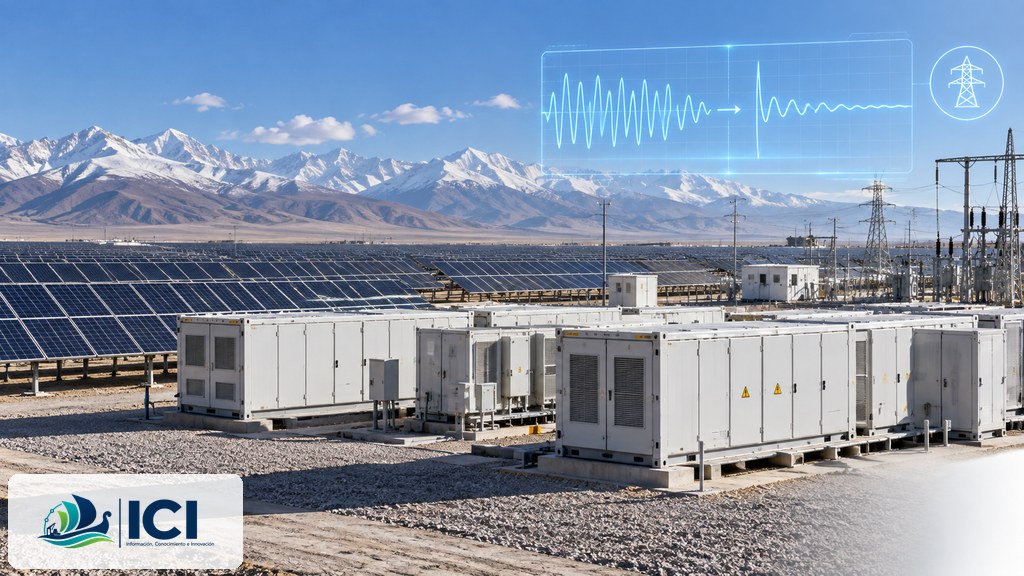 Imagen ilustrativa generada con IA de una planta fotovoltaica con almacenamiento mediante baterías y sistemas electrónicos de control de red. Representa conceptualmente la tecnología analizada en la noticia y no corresponde a una fotografía ni a un render oficial de la planta de 500 MW de Qinghai mencionada por Sungrow. Imagen de ICI Forestal generada con IA.