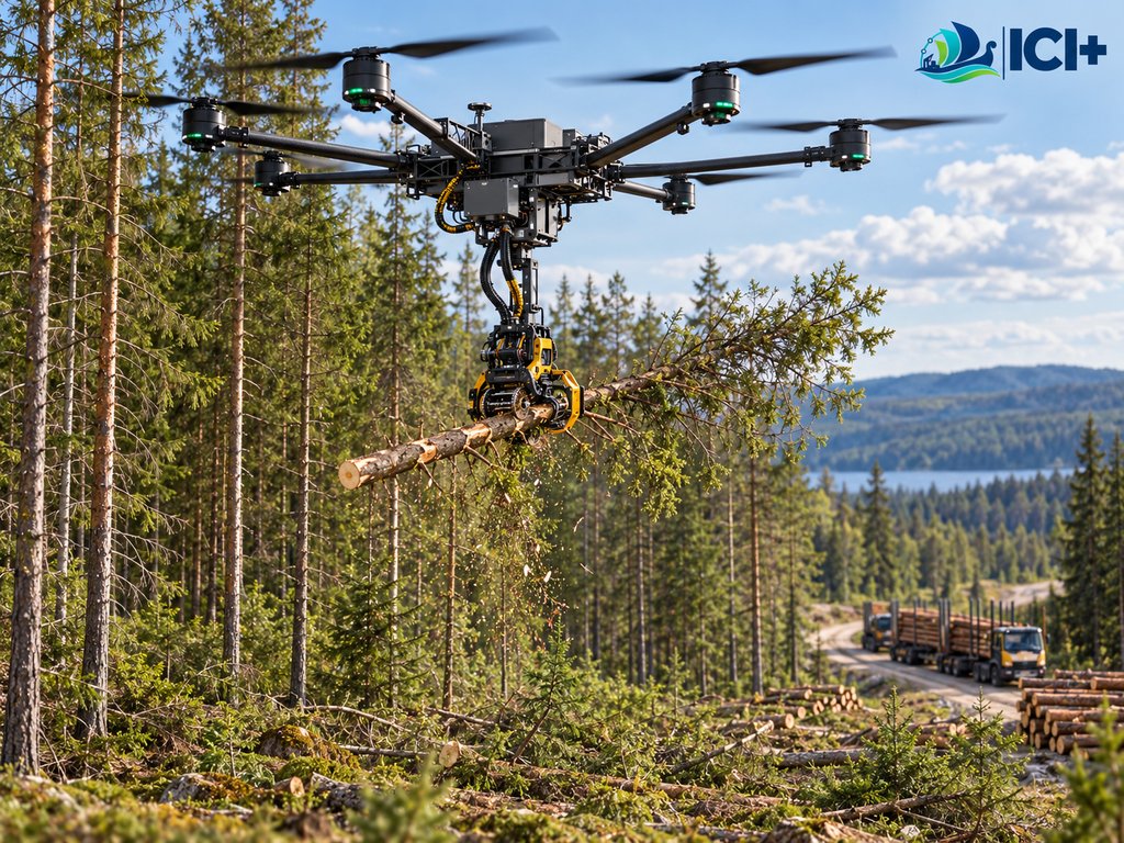 Imagen ilustrativa generada con IA de un dron forestal de gran porte equipado con una herramienta de corte y manipulación de árboles, trabajando sobre un bosque de coníferas.